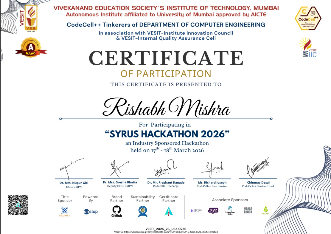 Syrus — Finalist certificate
